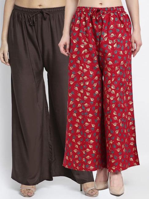 gracit brown & maroon flared fit palazzos - pack of 2