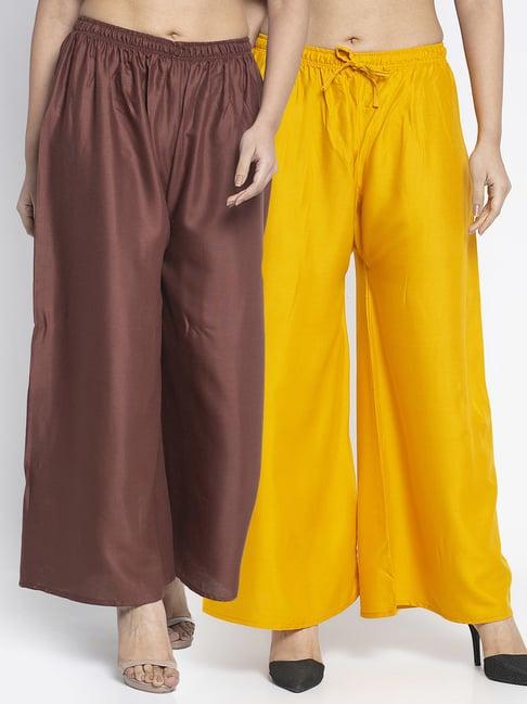 gracit brown & mustard rayon palazzos - pack of 2