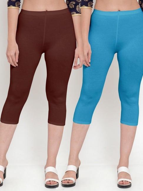 gracit brown & sky blue mid rise capris - pack of 2