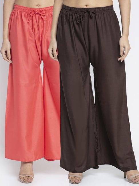 gracit coral & dark brown rayon palazzos - pack of 2