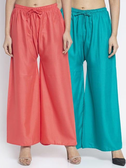 gracit coral & sea green rayon palazzos - pack of 2