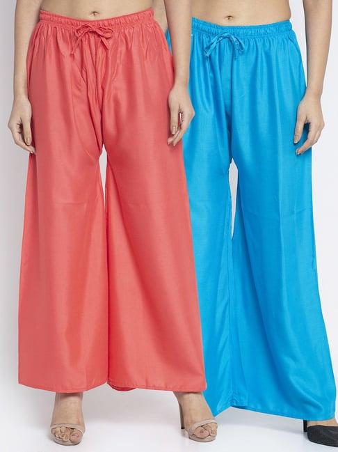 gracit coral & turquiose rayon palazzos - pack of 2