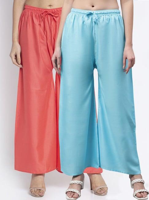 gracit coral & turquoise rayon palazzos - pack of 2