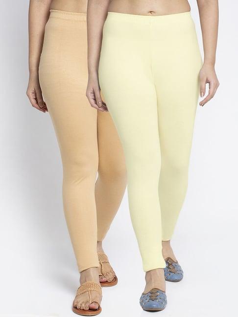 gracit cream & beige mid rise leggings - pack of 2