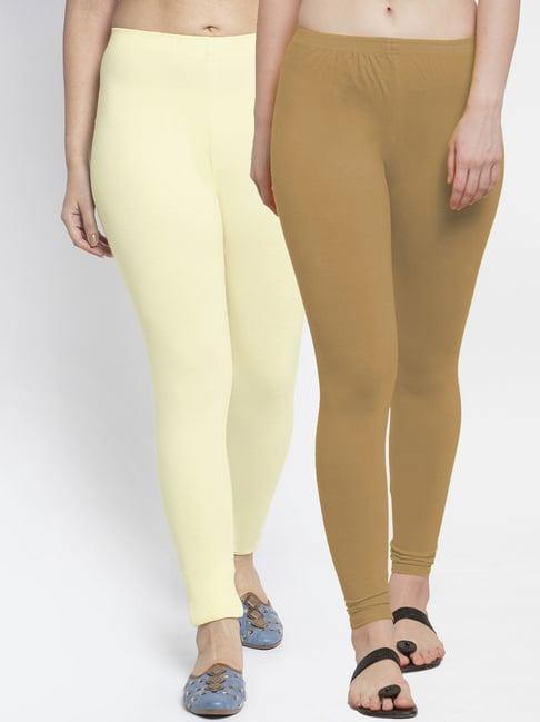 gracit cream & beige mid rise leggings - pack of 2