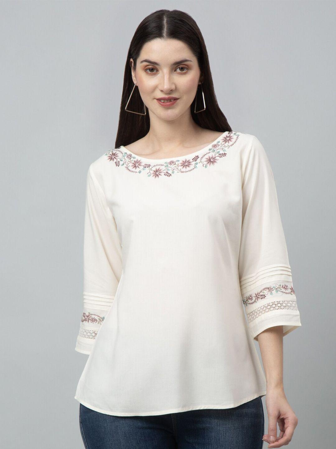 gracit floral embroidery boat neck three-quarter sleeves top