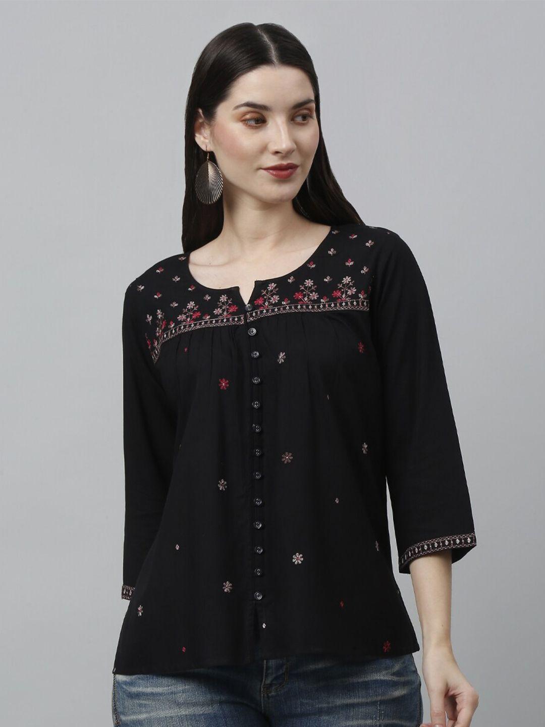 gracit floral embroidery round neck three-quarter sleeves top