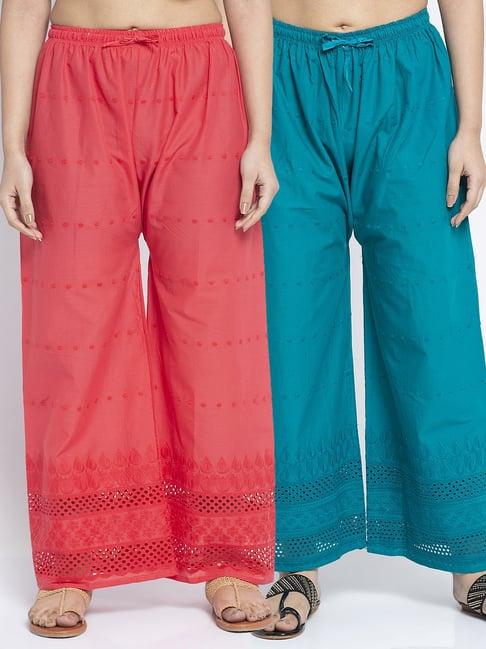 gracit gajri & turquiose flared fit cotton palazzos pack of - 2