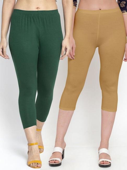 gracit green & beige mid rise capris - pack of 2