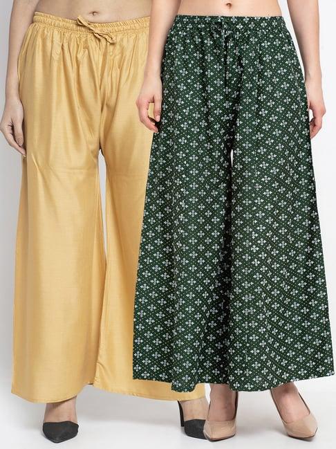 gracit green & beige printed palazzos - pack of 2
