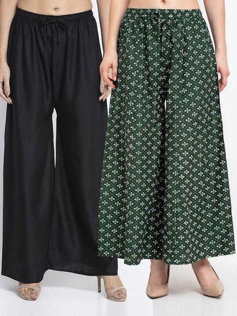 gracit green & black printed palazzos - pack of 2