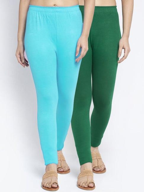 gracit green & blue mid rise leggings - pack of 2