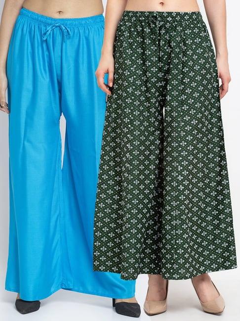 gracit green & blue printed palazzos - pack of 2