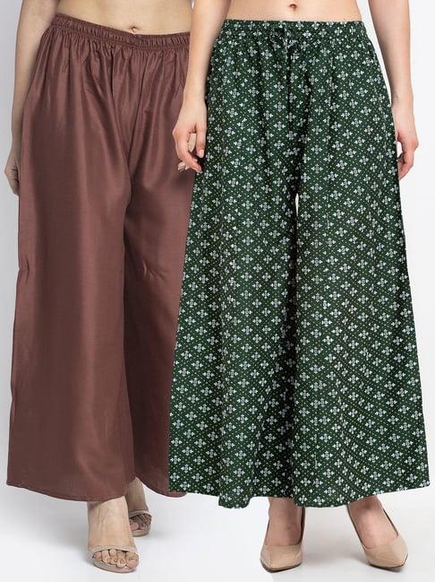 gracit green & brown printed palazzos - pack of 2