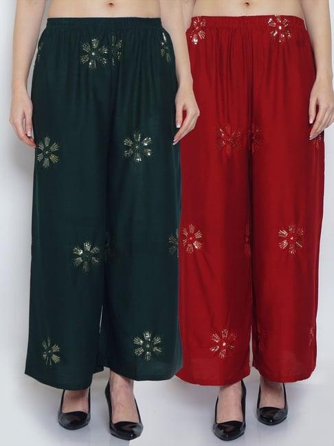 gracit green & maroon embroidered palazzos - pack of 2