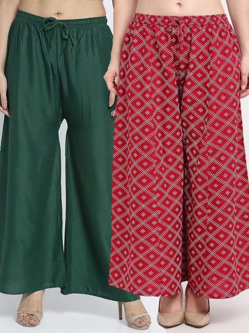 gracit green & maroon flared fit palazzos - pack of 2