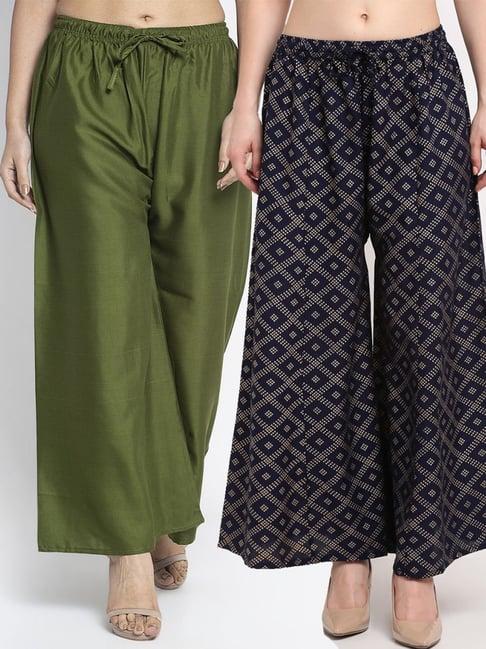 gracit green & navy flared fit palazzos - pack of 2