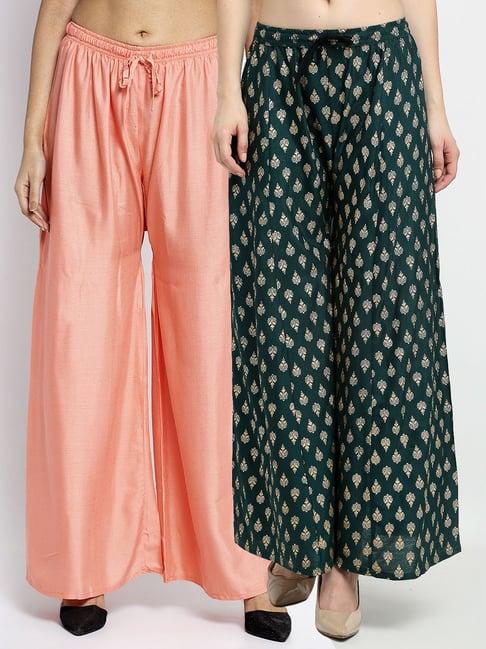 gracit green & peach printed palazzos - pack of 2