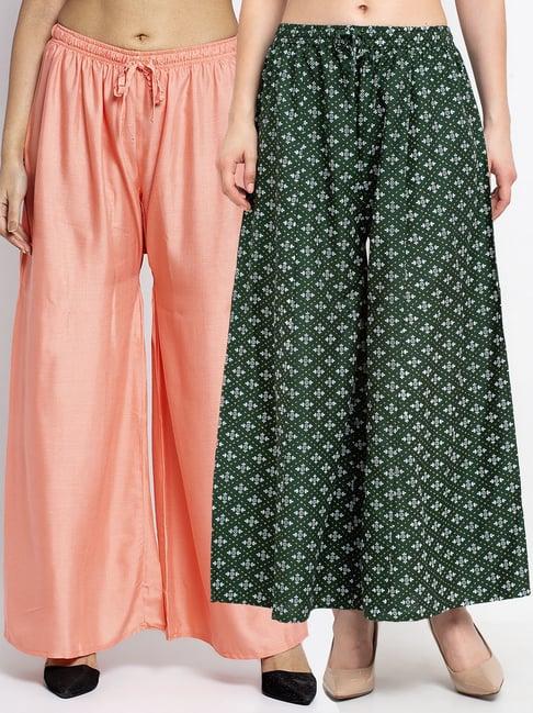 gracit green & peach printed palazzos - pack of 2