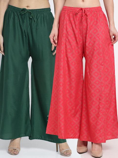 gracit green & pink flared fit palazzos - pack of 2