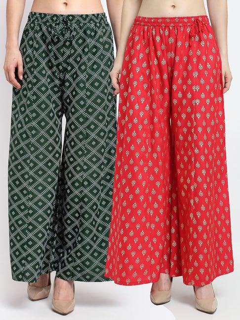 gracit green & red printed palazzos - pack of 2