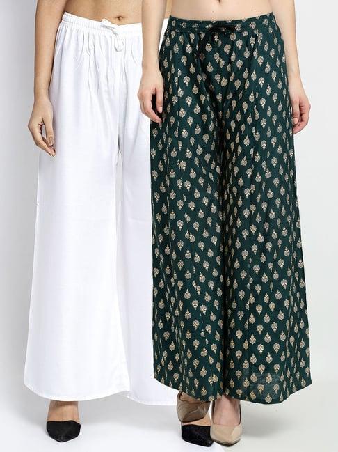 gracit green & white printed palazzos - pack of 2