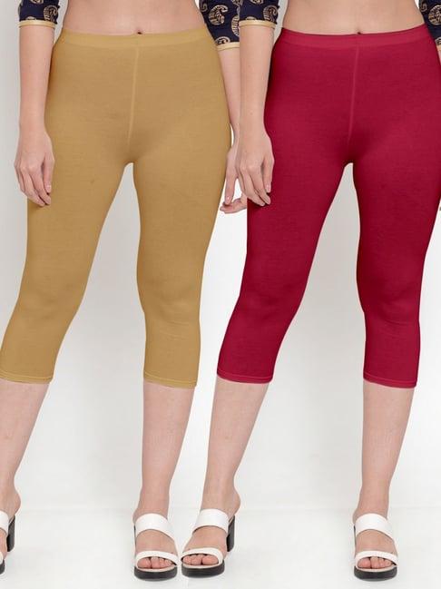 gracit maroon & beige mid rise capris - pack of 2