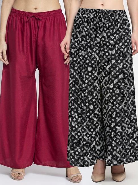 gracit maroon & black flared fit palazzos - pack of 2