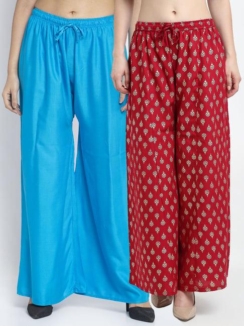 gracit maroon & blue printed palazzos - pack of 2