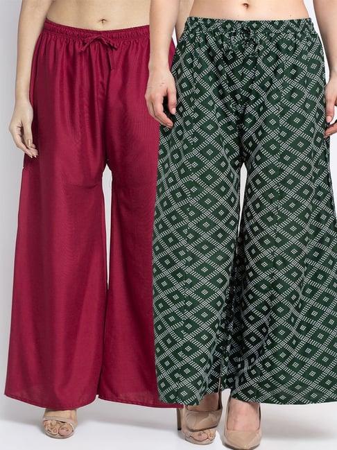 gracit maroon & green flared fit palazzos - pack of 2