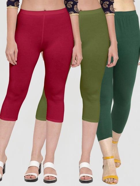 gracit maroon & green mid rise capris - pack of 3