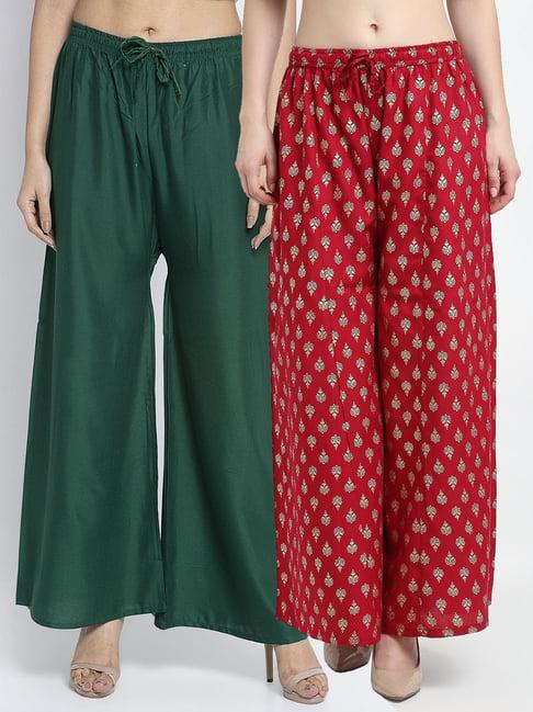 gracit maroon & green printed palazzos - pack of 2