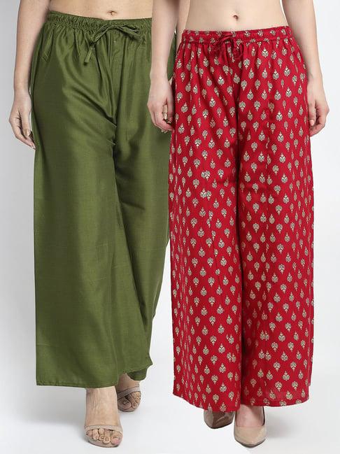 gracit maroon & green printed palazzos - pack of 2