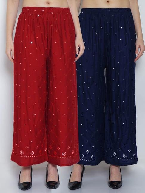 gracit maroon & navy embroidered palazzos - pack of 2