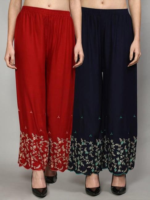 gracit maroon & navy embroidered palazzos - pack of 2