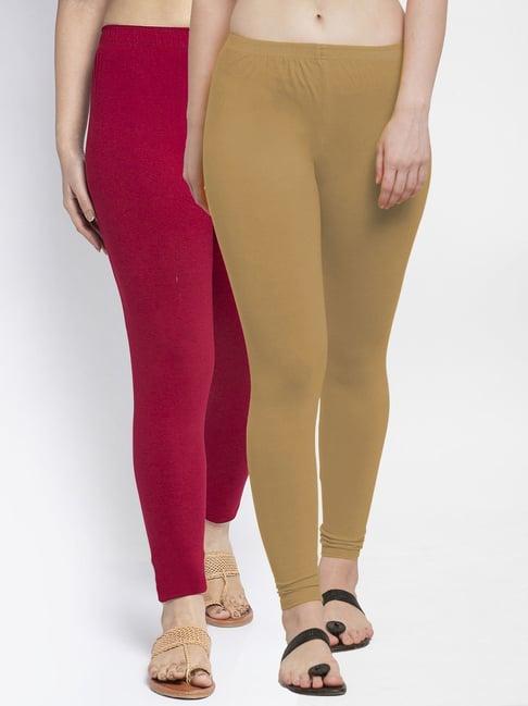 gracit maroon & skin mid rise leggings - pack of 2