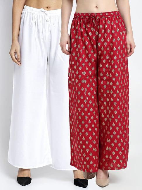 gracit maroon & white printed palazzos - pack of 2