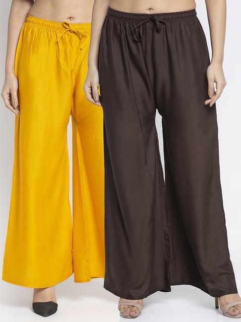 gracit mustard & dark brown rayon palazzos - pack of 2