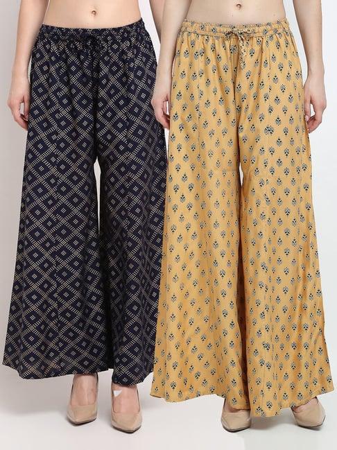 gracit navy & beige printed palazzos - pack of 2