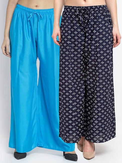 gracit navy & blue printed palazzos - pack of 2