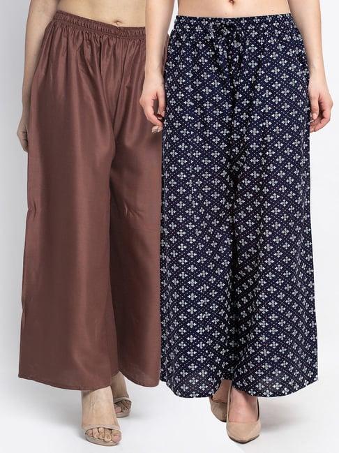 gracit navy & brown printed palazzos - pack of 2