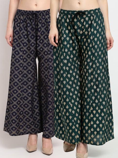 gracit navy & green printed palazzos - pack of 2