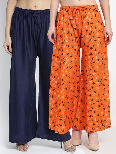 gracit navy & orange flared fit palazzos - pack of 2