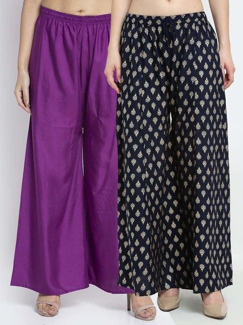 gracit navy & purple printed palazzos - pack of 2