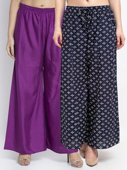 gracit navy & purple printed palazzos - pack of 2