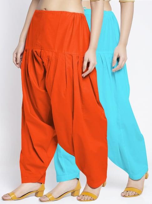 gracit orange & aqua loose fit cotton salwar pack of - 2