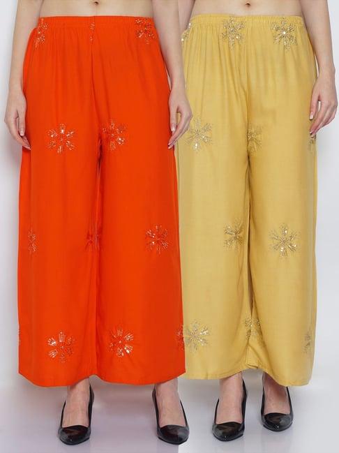 gracit orange & beige embroidered palazzos - pack of 2