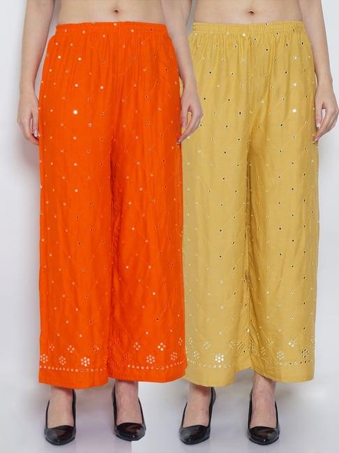 gracit orange & beige embroidered palazzos - pack of 2