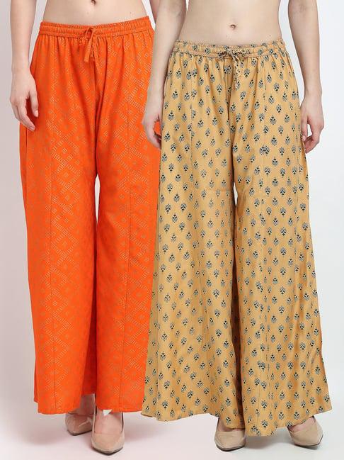 gracit orange & beige printed palazzos - pack of 2