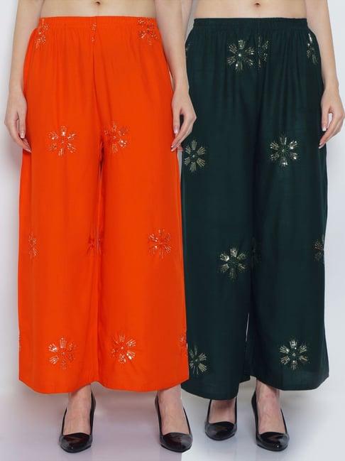 gracit orange & green embroidered palazzos - pack of 2